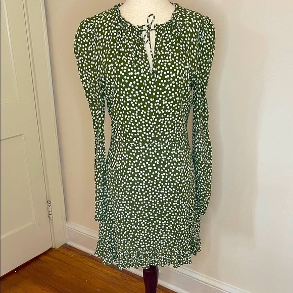 Reformation Dresses & Skirts - Reformation Marcy Mini Dress Green White Polka Dot Long Sleeve Size 8